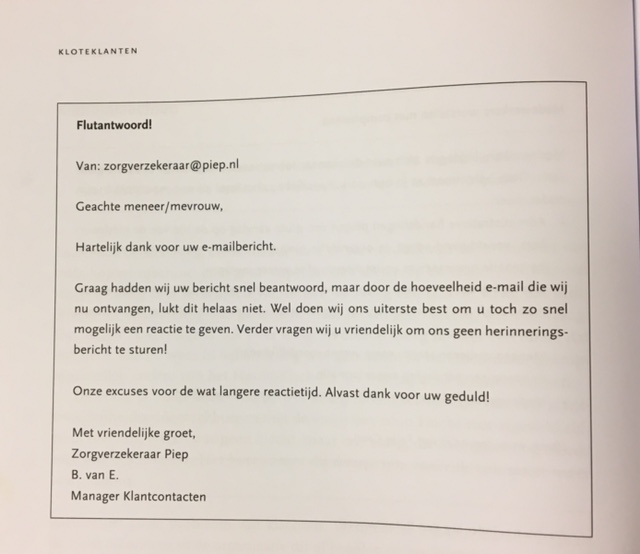 Voorbeeld van een flutreactie van een manager klantcontcten. Het geeft de lezer te denken